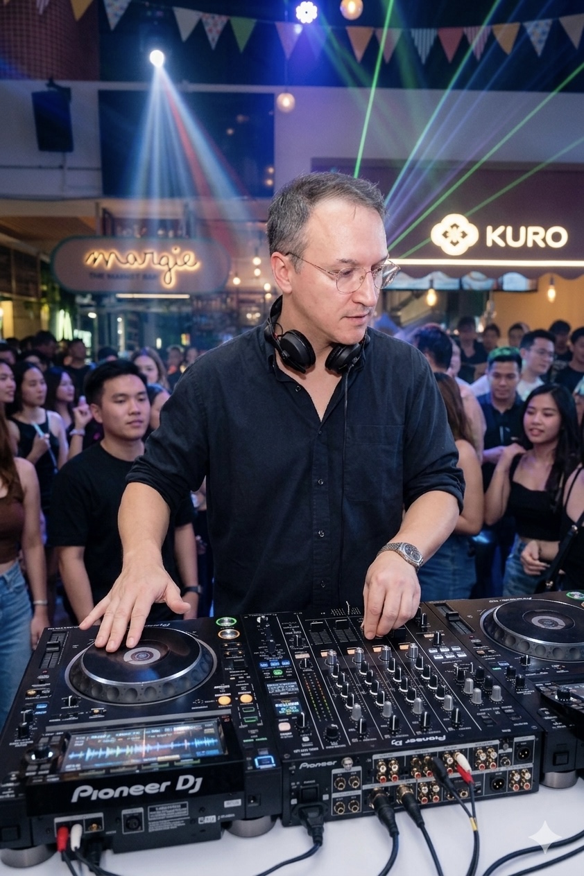 MControlDj on the Pioneer decks, live crowd behind